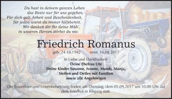Traueranzeige von Friedrich Romanus von Mitteldeutsche Zeitung Köthen