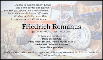 Traueranzeige von Friedrich Romanus von WVG - Wochenspiegel Dessau / Köthen