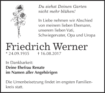 Traueranzeige von Friedrich Werner von WVG - Wochenspiegel Bitterfeld