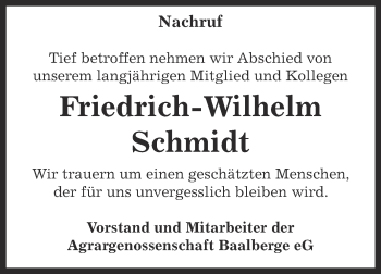 Traueranzeige von Friedrich-Wilhelm Schmidt von Super Sonntag Bernburg
