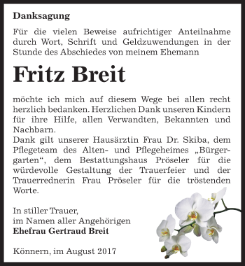 Traueranzeige von Fritz Breit von Mitteldeutsche Zeitung Bernburg