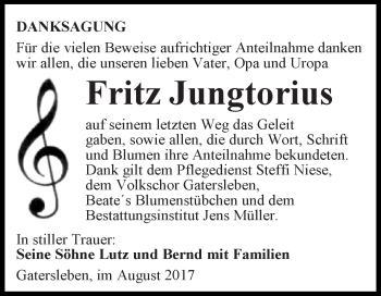 Traueranzeige von Fritz Jungtorius von Super Sonntag Aschersleben