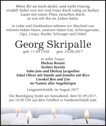 Traueranzeige von Georg Skripalle von Mitteldeutsche Zeitung Merseburg/Querfurt