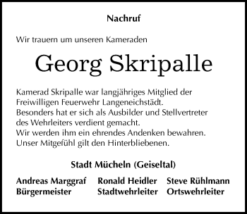 Traueranzeige von Georg Skripalle von Mitteldeutsche Zeitung Merseburg/Querfurt