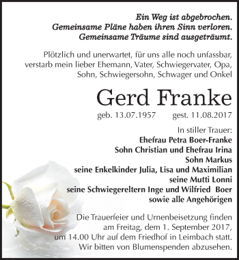 Traueranzeige von Gerd Franke von Mitteldeutsche Zeitung Mansfelder Land