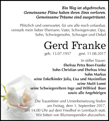 Traueranzeige von Gerd Franke von Super Sonntag SGH Mansf. Land