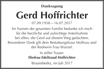 Traueranzeige von Gerd Hoffrichter von WVG - Wochenspiegel Merseburg