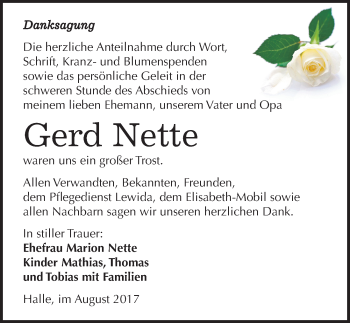 Traueranzeige von Gerd Nette von Mitteldeutsche Zeitung Halle/Saalkreis