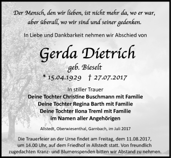 Traueranzeige von Gerda Dietrich von Mitteldeutsche Zeitung Sangerhausen
