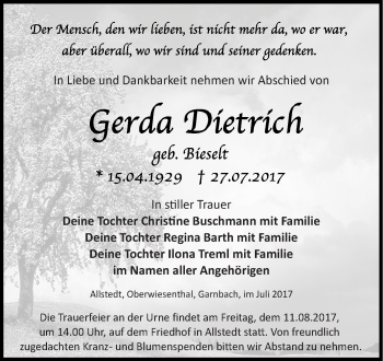 Traueranzeige von Gerda Dietrich von Super Sonntag SGH Mansf. Land