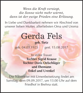 Traueranzeige von Gerda Fels von WVG - Wochenspiegel Bitterfeld