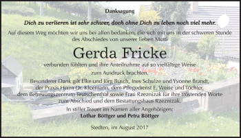 Traueranzeige von Gerda Fricke von Mitteldeutsche Zeitung Mansfelder Land