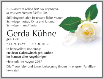 Traueranzeige von Gerda Kühne von Mitteldeutsche Zeitung Mansfelder Land