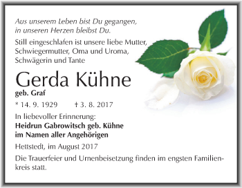 Traueranzeige von Gerda Kühne von Wochenspiegel Mansfelder Land