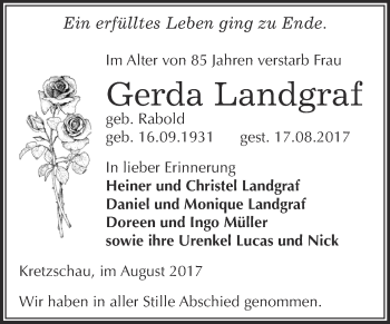 Traueranzeige von Gerda Landgraf von Super Sonntag Zeitz