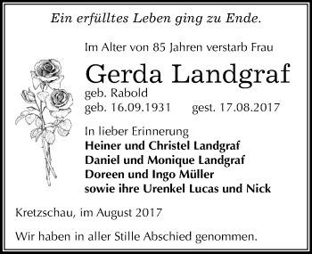 Traueranzeige von Gerda Landgraf von Mitteldeutsche Zeitung Zeitz