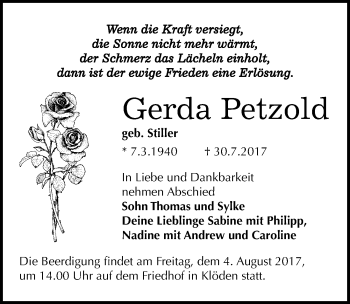 Traueranzeige von Gerda Petzold von Mitteldeutsche Zeitung Wittenberg