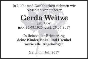 Traueranzeige von Gerda Weitze von Super Sonntag Zeitz