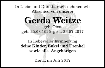 Traueranzeige von Gerda Weitze von Mitteldeutsche Zeitung Zeitz