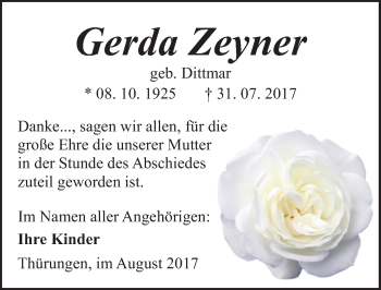 Traueranzeige von Gerda Zeyner von Mitteldeutsche Zeitung Sangerhausen