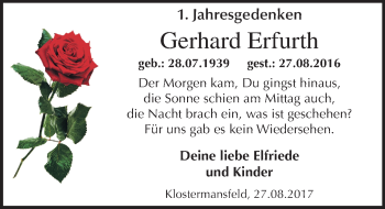 Traueranzeige von Gerhard Erfurth von Mitteldeutsche Zeitung Mansfelder Land
