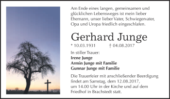 Traueranzeige von Gerhard Junge von WVG - Wochenspiegel Bitterfeld