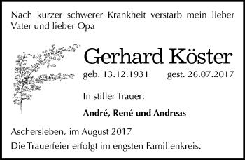 Traueranzeige von Gerhard Köster von Mitteldeutsche Zeitung Aschersleben