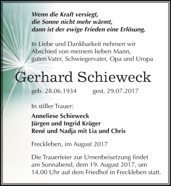 Traueranzeige von Gerhard Schieweck von Mitteldeutsche Zeitung Aschersleben
