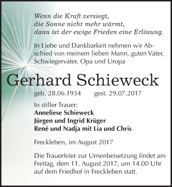 Traueranzeige von Gerhard Schieweck von Mitteldeutsche Zeitung Aschersleben