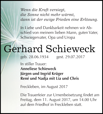 Traueranzeige von Gerhard Schieweck von Super Sonntag Aschersleben