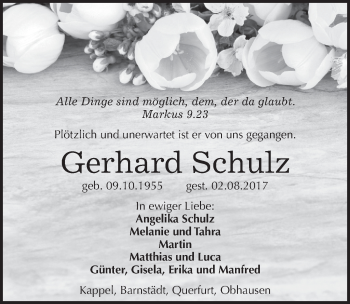 Traueranzeige von Gerhard Schulz von Mitteldeutsche Zeitung Merseburg/Querfurt