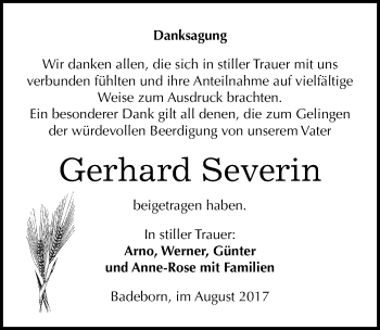Traueranzeige von Gerhard Severin von Mitteldeutsche Zeitung Quedlinburg
