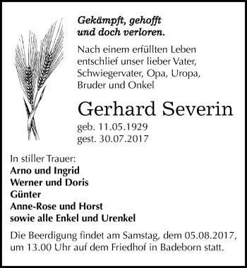 Traueranzeige von Gerhard Severin von Mitteldeutsche Zeitung Quedlinburg