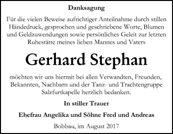 Traueranzeige von Gerhard Stephan von WVG - Wochenspiegel Bitterfeld