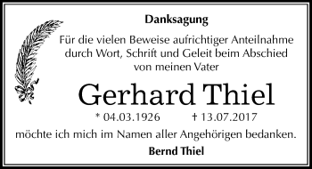 Traueranzeige von Gerhard Thiel von Mitteldeutsche Zeitung Halle/Saalkreis