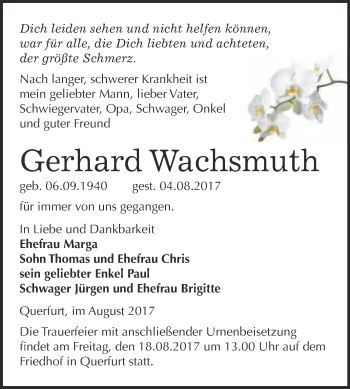 Traueranzeige von Gerhard Wachsmuth von WVG - Wochenspiegel Merseburg