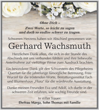 Traueranzeige von Gerhard Wachsmuth von WVG - Wochenspiegel Merseburg