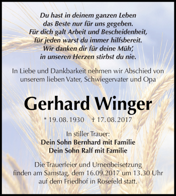 Traueranzeige von Gerhard Winger von WVG - Wochenspiegel Dessau / Köthen