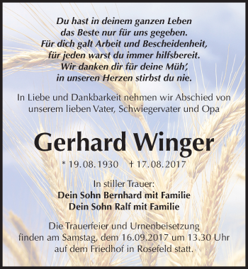 Traueranzeige von Gerhard Winger von Mitteldeutsche Zeitung Köthen