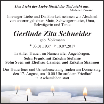 Traueranzeige von Gerlinde Zita Schneider von Super Sonntag Aschersleben
