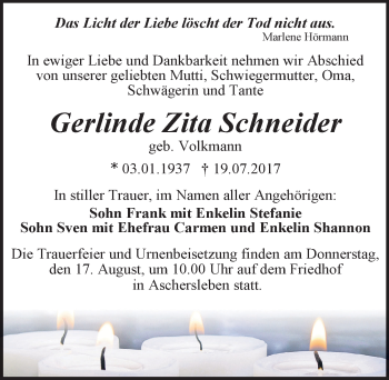 Traueranzeige von Gerlinde Zita Schneider von Mitteldeutsche Zeitung Aschersleben