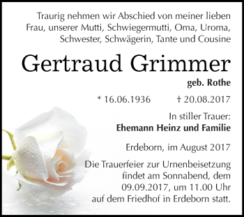 Traueranzeige von Gertraud Grimmer von Wochenspiegel Mansfelder Land