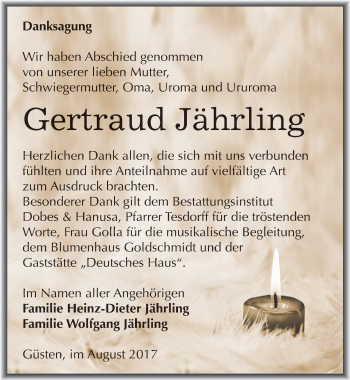 Traueranzeige von Gertraud Jährling von Mitteldeutsche Zeitung Bernburg
