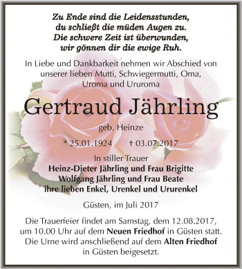 Traueranzeige von Gertraud Jährling von Super Sonntag Bernburg