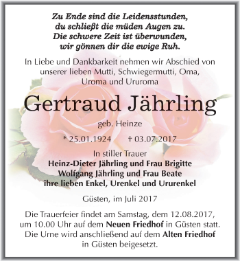 Traueranzeige von Gertraud Jährling von Mitteldeutsche Zeitung Bernburg