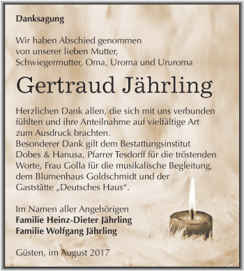 Traueranzeige von Gertraud Jährling von Super Sonntag Bernburg