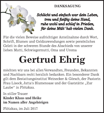 Traueranzeige von Gertrud Ehrig von Mitteldeutsche Zeitung Bernburg