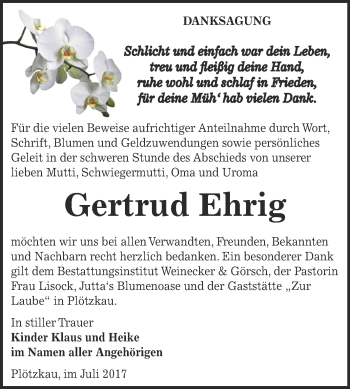 Traueranzeige von Gertrud Ehrig von Super Sonntag Bernburg