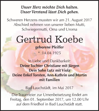 Traueranzeige von Gertrud Koebe von WVG - Wochenspiegel Merseburg