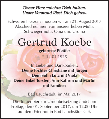 Traueranzeige von Gertrud Koebe von Mitteldeutsche Zeitung Merseburg/Querfurt